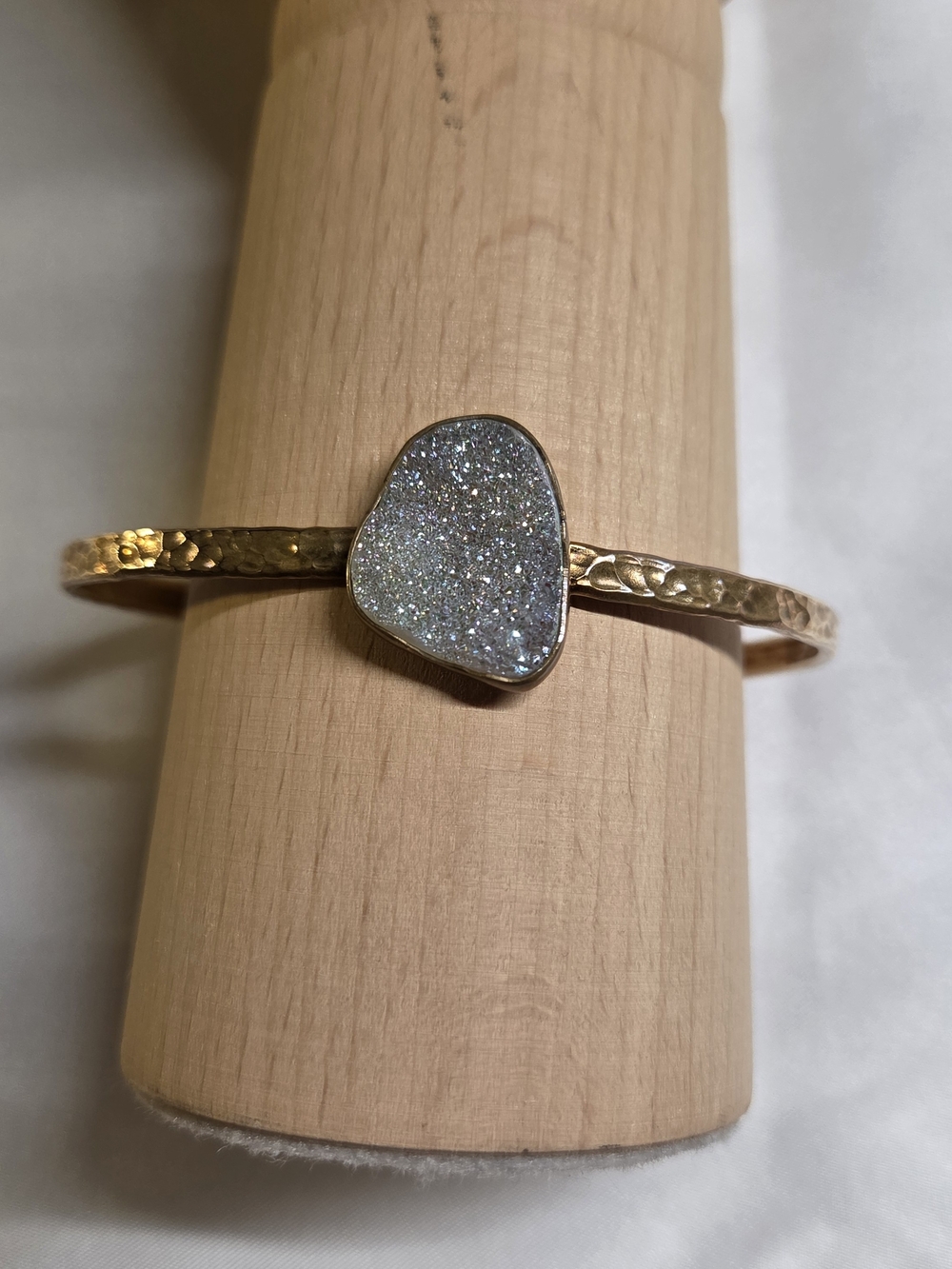 Brass Hammered Cuff Bracelet with Sparkling White Druzy Stone